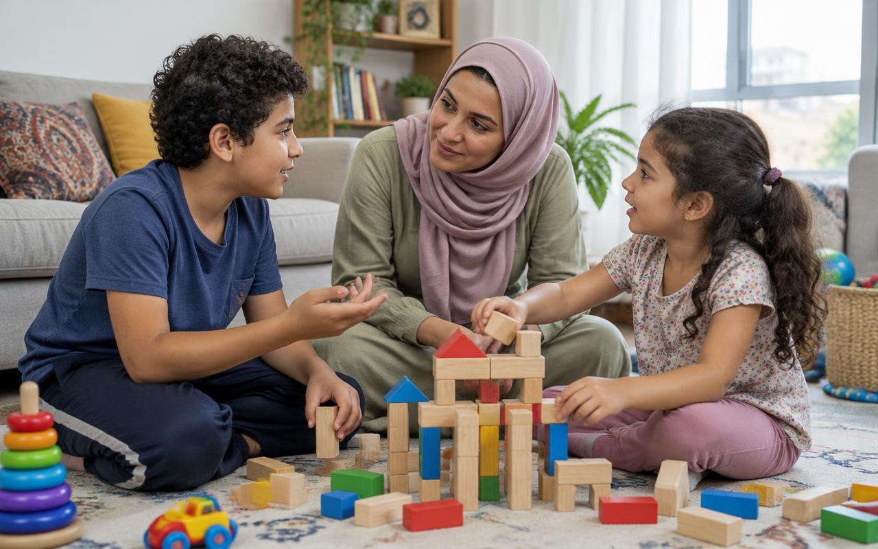 أم تستمع إلى طفليها أثناء التفاوض على اللعب بالمكعبات