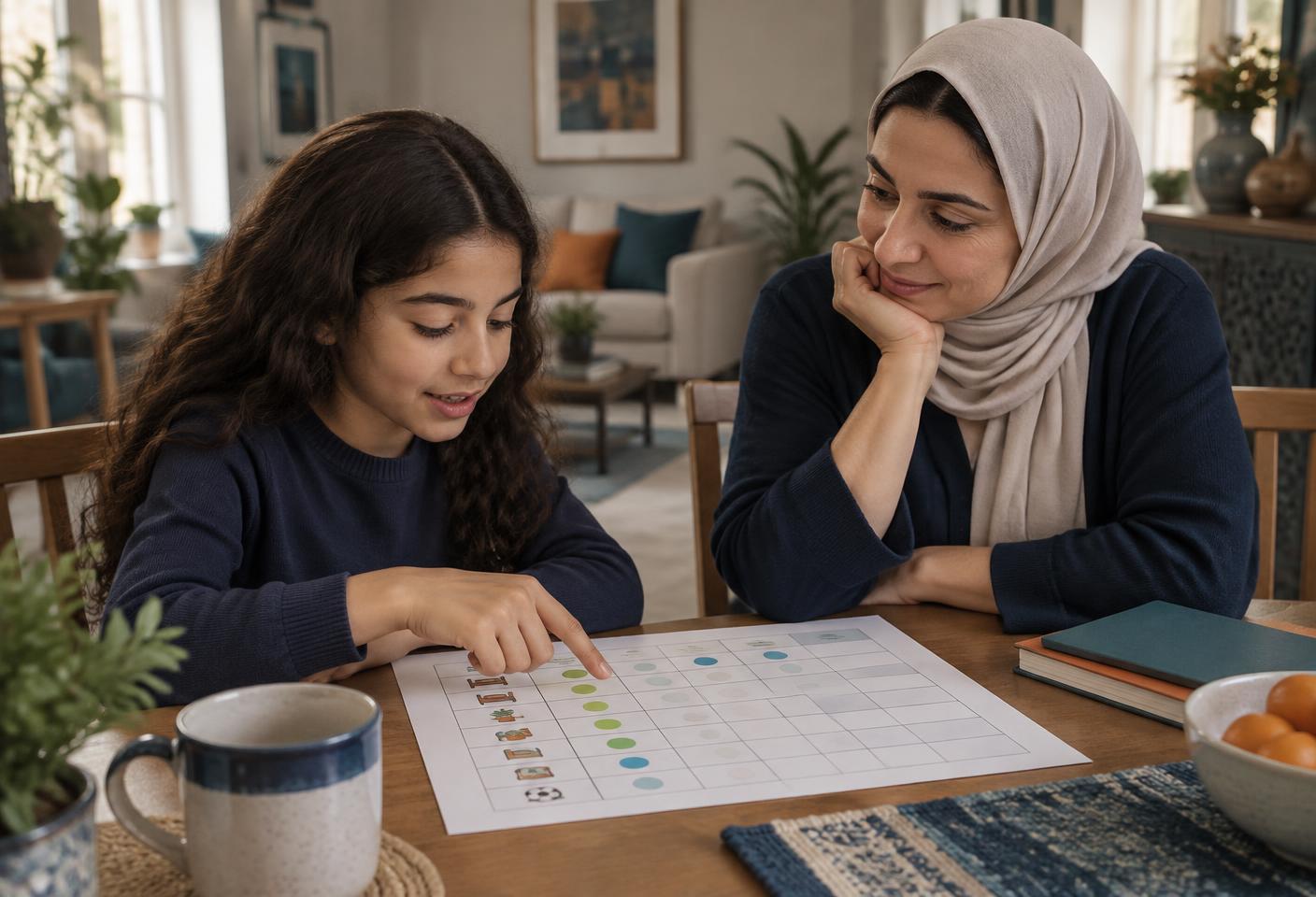 أم تستمع لطفلتها أثناء مراجعة خطوات أسبوعية في المنزل