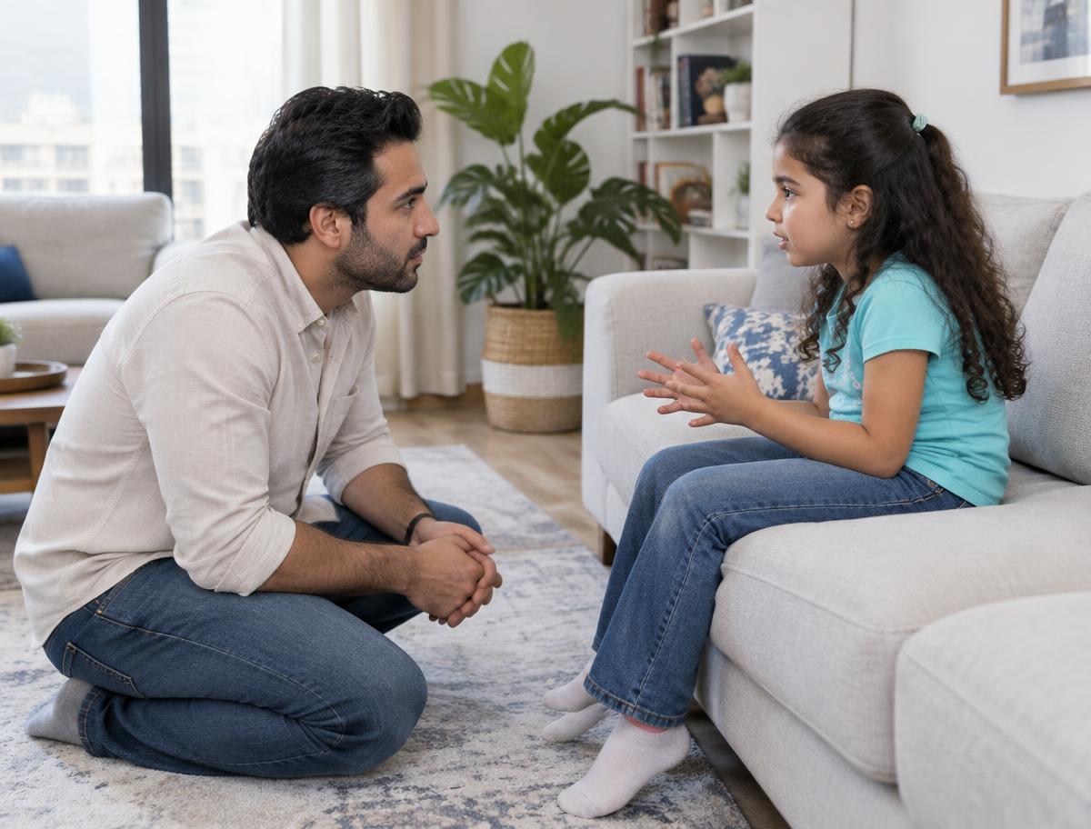 أب يستمع لابنته وهي تعبر عن أفكارها على مستوى نظرها